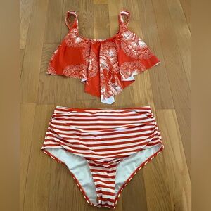 Stripes and Floral Mixed Print Orange Bikini Womens Size XL New Without Tags